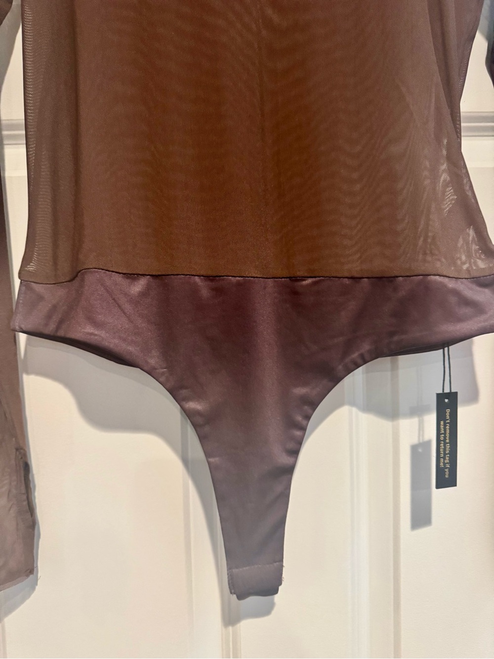 revolve Women’s Brown Long-Sleeve Mesh Swim Bodysuit NWT - Picture 3 of 5